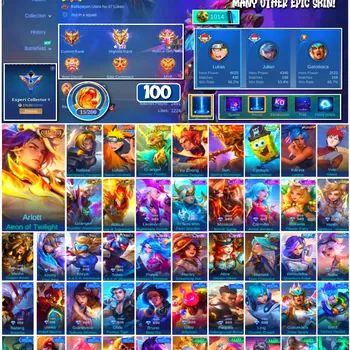 Mobile Legends: Bang Bang Accounts 🔥 #4145 🔥 💎 100 Skins 👑 Collector Arlott Aeon of Twilight ⚔️ Expert Collector II