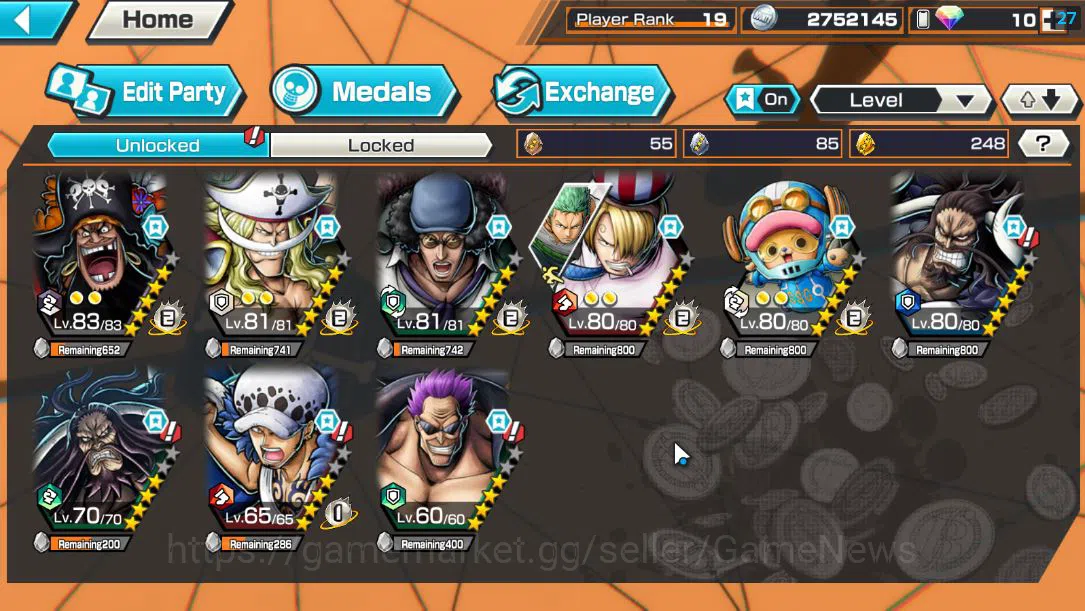 One Piece Bounty Rush Accounts Mid-Tier Global|6 EX |4Emperor Teach,GP Newgate,BP Kuzan,Strongest Kaido, WI Trafalgar 3