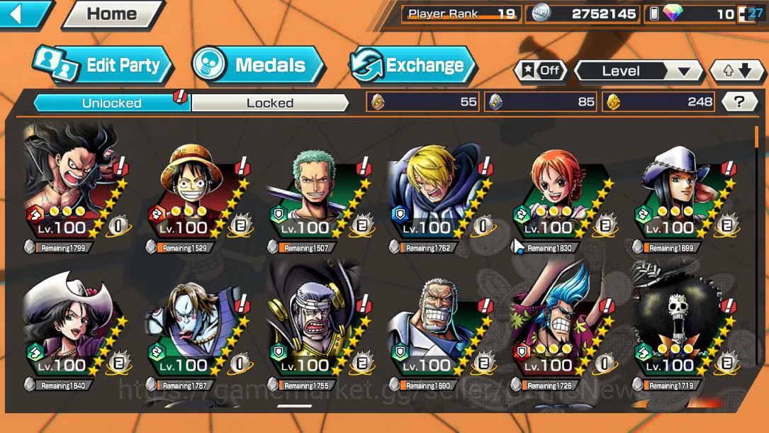 One Piece Bounty Rush Accounts Mid-Tier Global|6 EX |4Emperor Teach,GP Newgate,BP Kuzan,Strongest Kaido, WI Trafalgar 4
