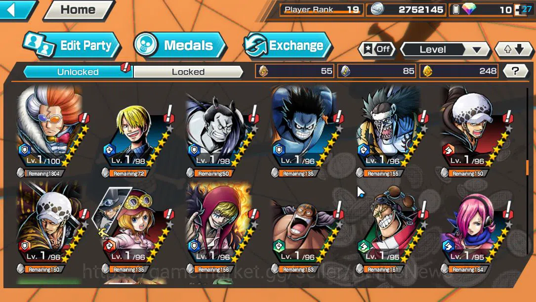 One Piece Bounty Rush Accounts Mid-Tier Global|6 EX |4Emperor Teach,GP Newgate,BP Kuzan,Strongest Kaido, WI Trafalgar 9