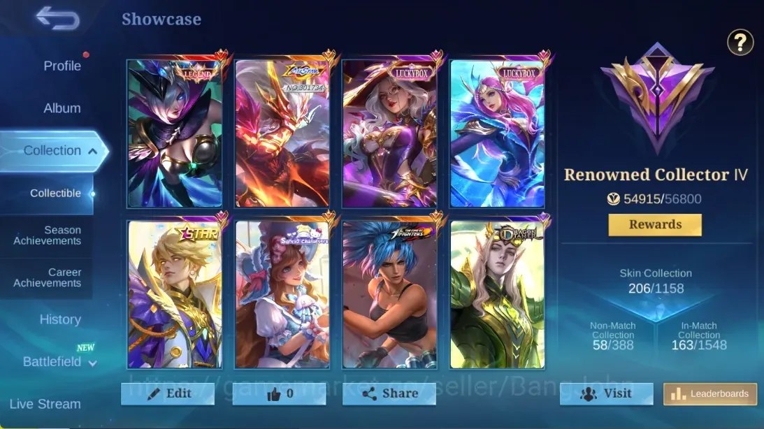 Mobile Legends: Bang Bang Accounts Collector Global|99H 206S|Renowned|Legend Miya|Allstar Moskov|Luckybox Alice|Luckybox 1
