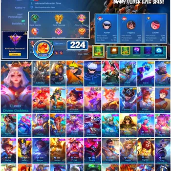 Mobile Legends: Bang Bang Accounts #4349 224 Skins | Lunox Divine Goddess (LEGEND) | Lukas Naruto Uzumaki (NARUTO) | Xavier