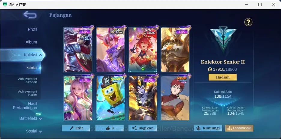 Mobile Legends: Bang Bang Accounts Others Global|108S|Seasoned|SpongeBob,Gaara,Epic Lancelot Uranus Kagura Irithel,MN 1