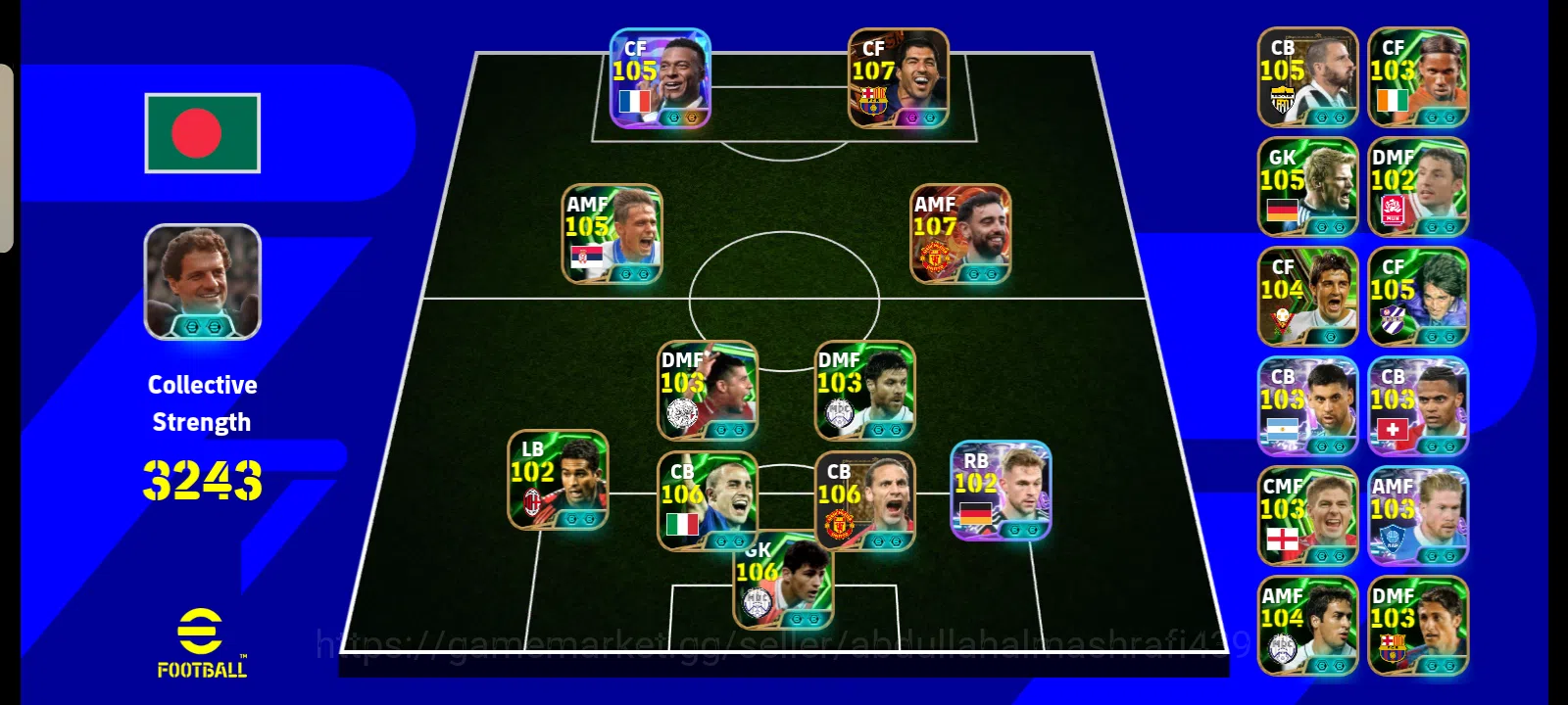 eFootball Accounts Legends & Iconic Players 3243 Team | Suarez 107, Rio Fernando 106, Bruno 107, bunocci 105, mbappe 105 1