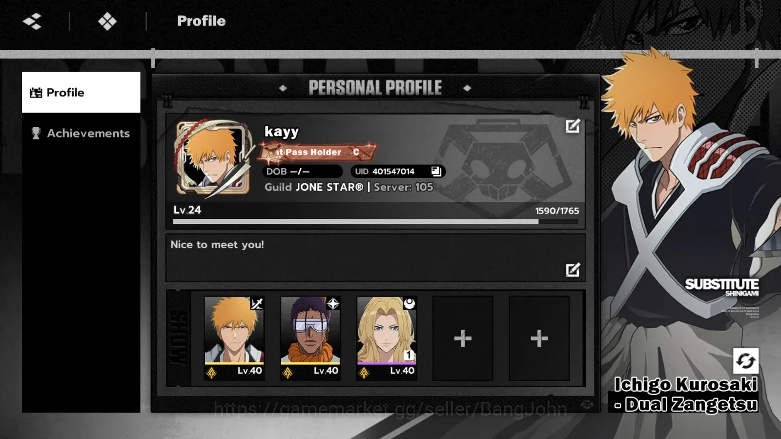 BLEACH: Soul Resonance Accounts Nuverse SEA|Starter|Lv24|3 SSR (Ichigo Kurosaki DZ+Sign , Kaname Tosen , Ikkaku Madarame 1