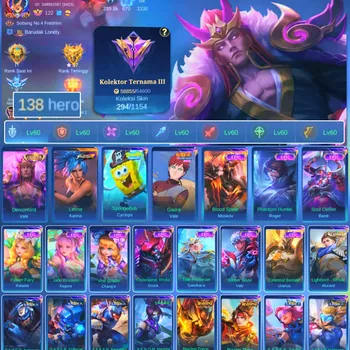 Mobile Legends: Bang Bang Accounts Rare Skin HERO 138 SKIN 294 | EMBLEM ALL MAX| COLECTOR VALIR| CYPLOPS SPOBENGEBOB| EPIC