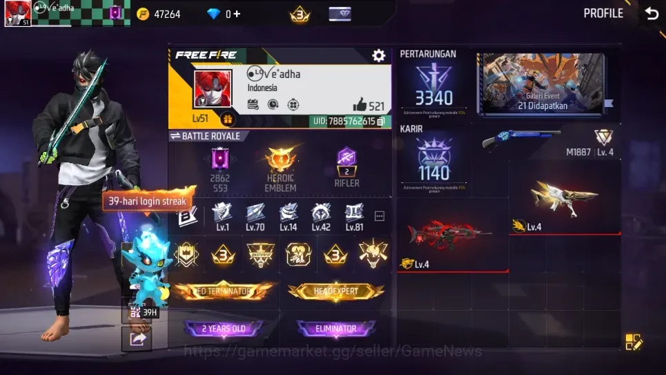 Free Fire Accounts Indonesia|2 EVO Scar Megalodon Alpha, MP5 Platinum Divinity|Katana Pedang Naga Langit|Bundle Itadori|82 1