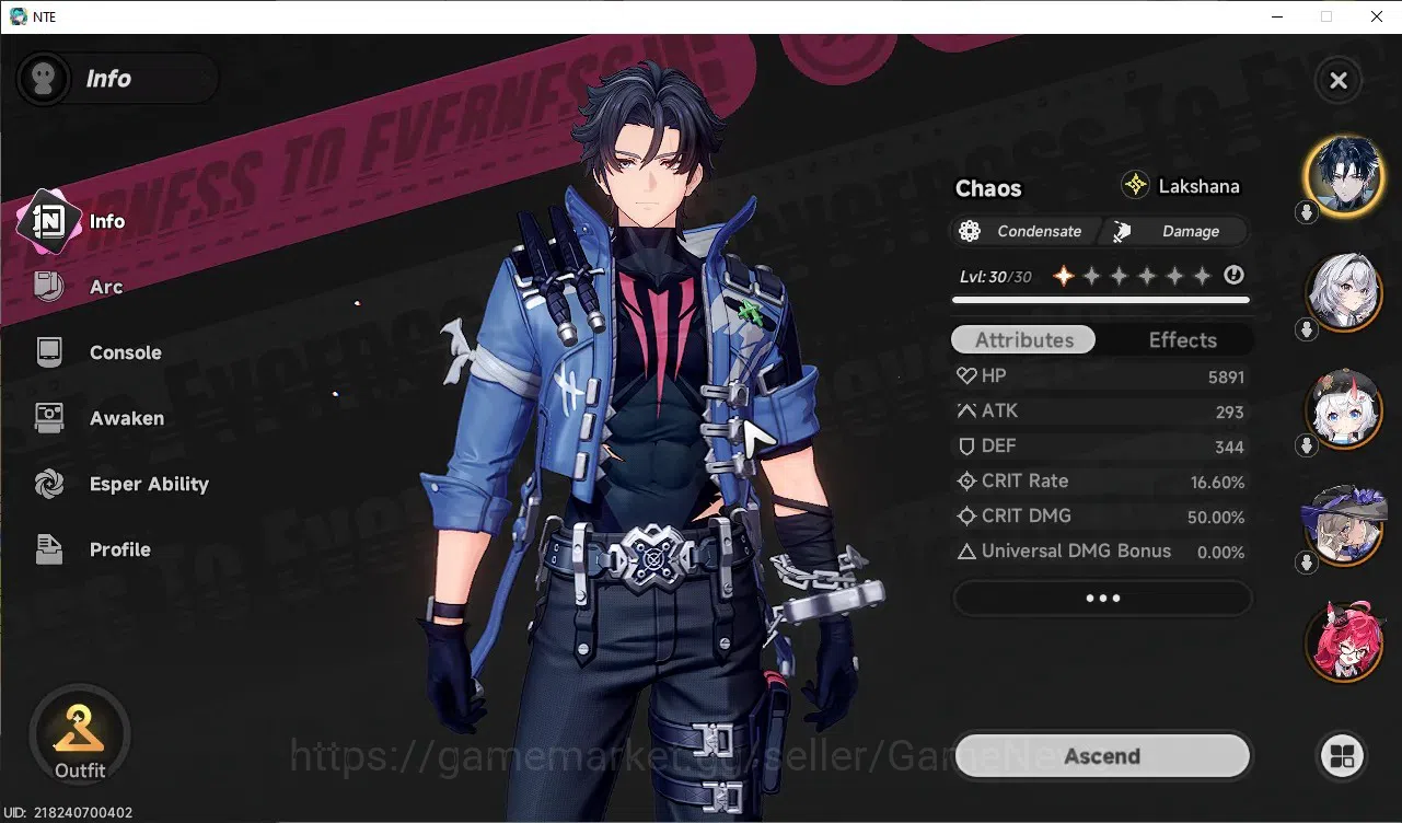Neverness to Everness Accounts GLOBAL SEA|HL 16|TL 2|5 S-Class Chaos,Nanally,Jiuyuan,Sakiri,Fadia|1k Annulith|Skyrider 3