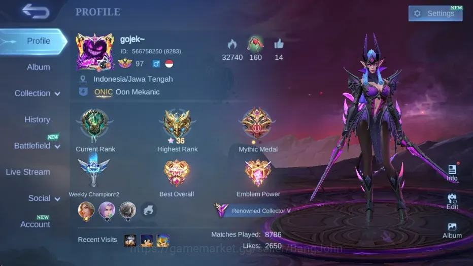 Mobile Legends: Bang Bang Accounts Collector Global|Skin 222|Renowned|KOF Karina,Luckybox Karina,Collector Natalia,Lightborn 1