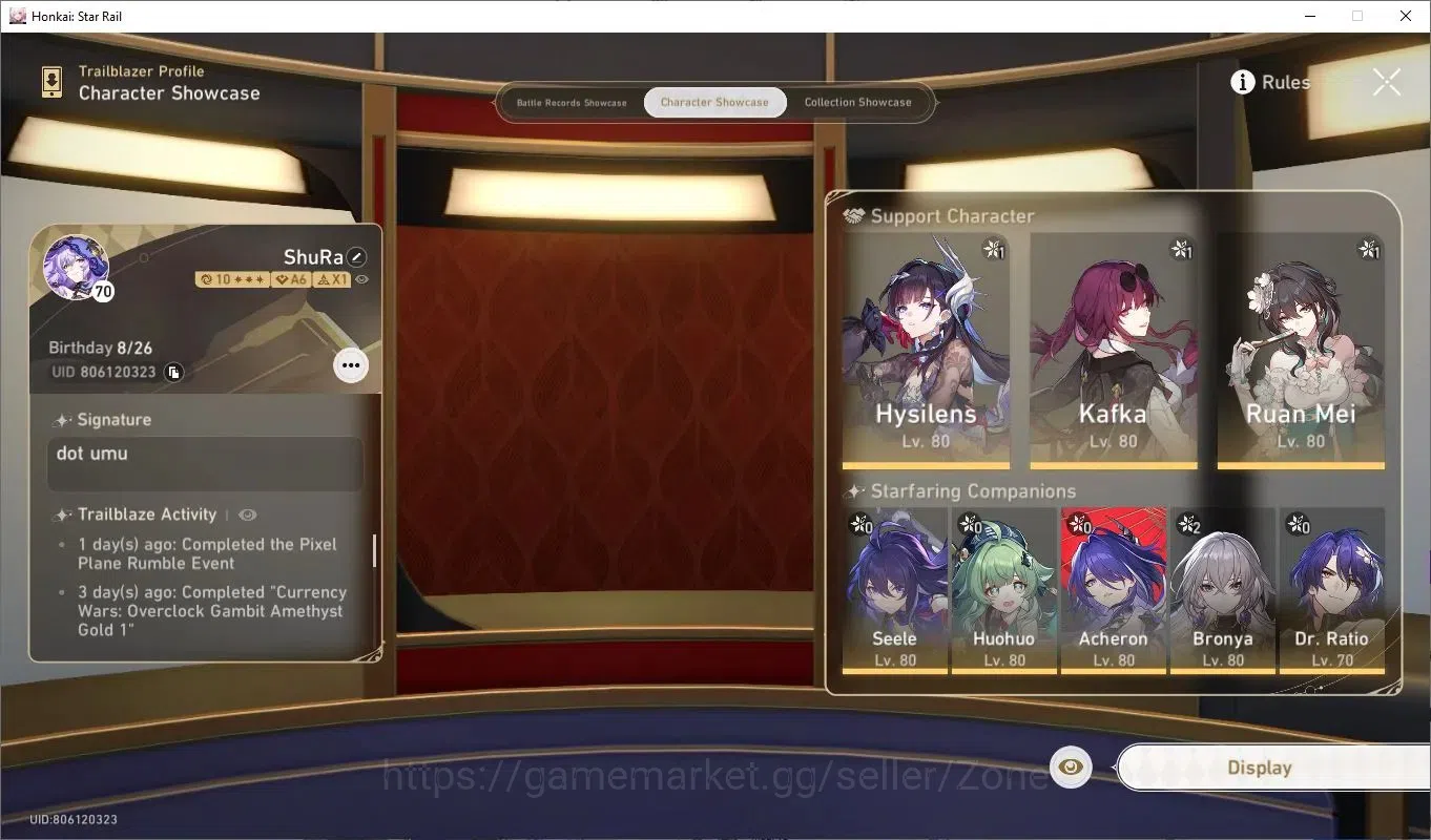 Honkai Star Rail Accounts Others ASIA|TL70|Premium DOT |12 Lim 5* incl Hysilens, Kafka, Ruan Mei, wolf 999 etc |pity 14