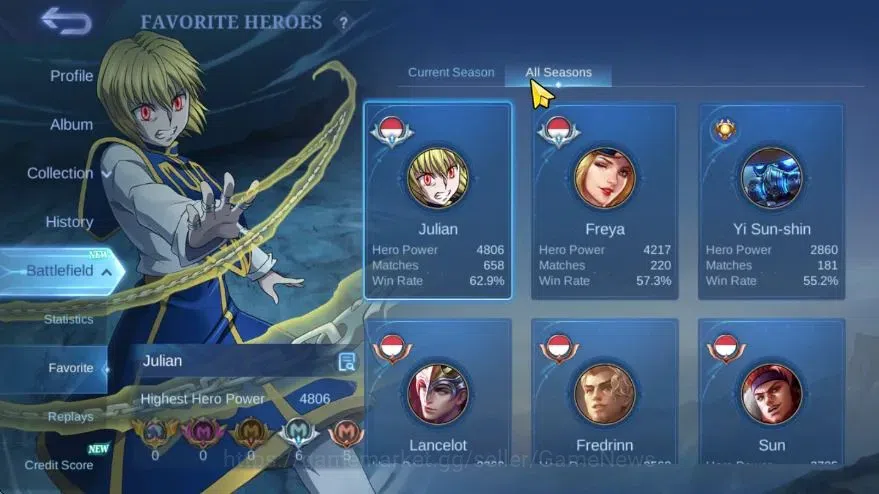 Mobile Legends: Bang Bang Accounts Hero 78|Skin 104|High Glory 56|HxH Julian,9th Pace image 6