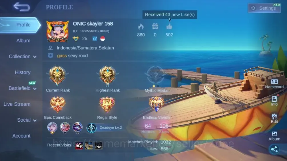 Mobile Legends: Bang Bang Accounts Others Hero 106|Skin 106|Seasoned|Meow Julian|NARUTO Vale|SBob Cyc|Blazing Claude|Epic 1