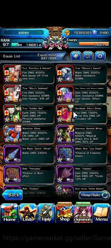 Grand Summoners Accounts End-Game Global|Rank 97|2480 Cc|16 Ascend+6 TW|[2x Okarun,S Miyu,Index,Chloe,M 13
