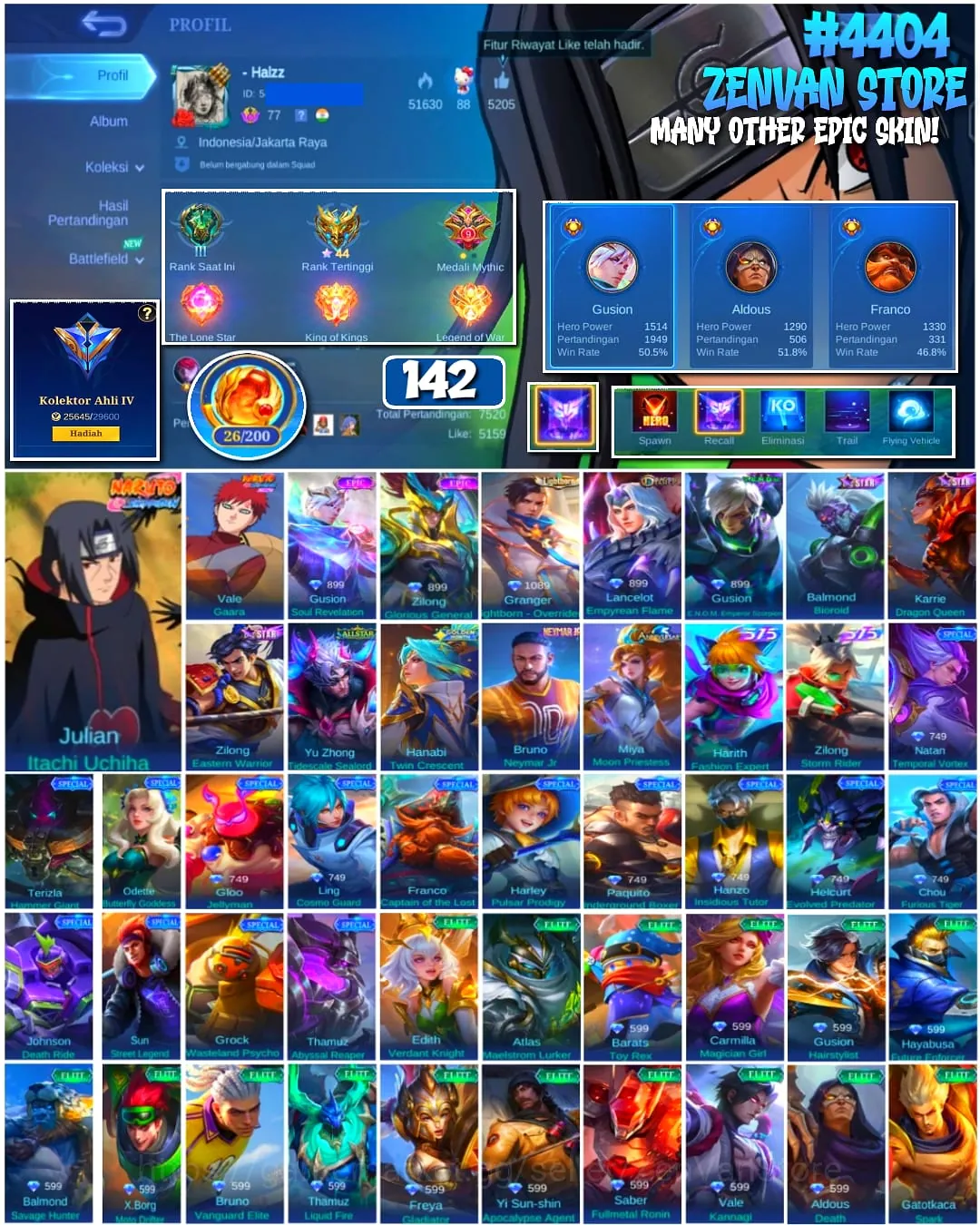 Mobile Legends: Bang Bang Accounts #4404 142 Skins | Julian Itachi Uchiha (NARUTO) | Vale Gaara (NARUTO) | Bruno Neymar Jr 1