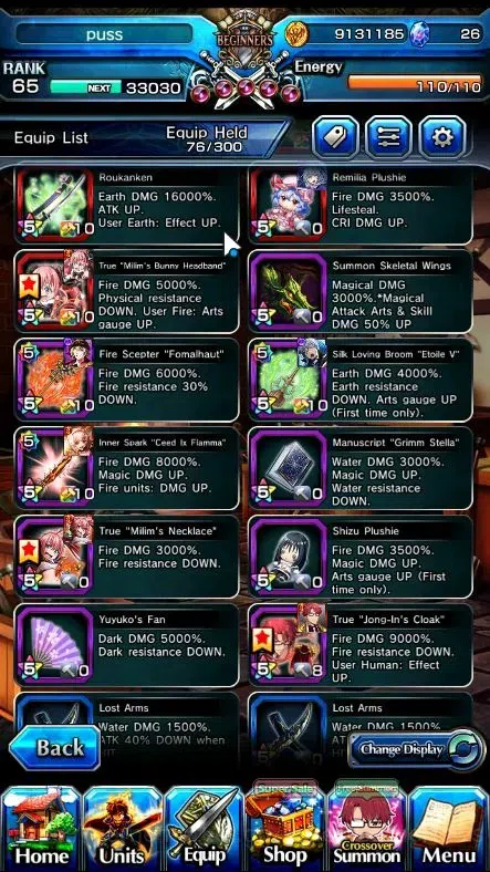 Grand Summoners Accounts End-Game Global|Rank 65|12 Ascend+6 TW|(DL Rimuru,E Milim,Y Kenpaku,Jong-In,Reimu,Vox)+TW WH Fen 6