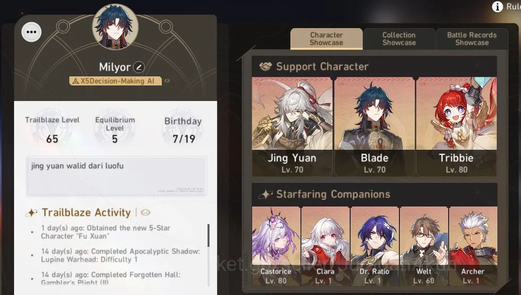 Honkai Star Rail Mid Game ASIA|TL65|4 Limited [JingYuan(E1)+Sign,Tribbie,Cas image 1