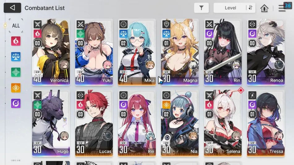 Chaos Zero Nightmare Accounts GLOBAL LV34| 7SSR(Veronica Yuki MagnaM1 Rin Renoa Hugo Luke)+ 10SR(LucasM3,BerylM2,Etc) 22SR 3