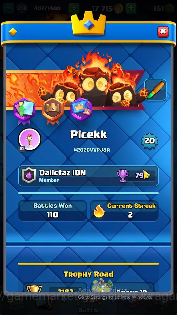 Clash Royale Accounts Starter Lvl 20|Trophy 3183|KTL 8|Card 61| 2 EVO, 14 Epic, 23 Rare, 24 Common | 161 Gems |Take