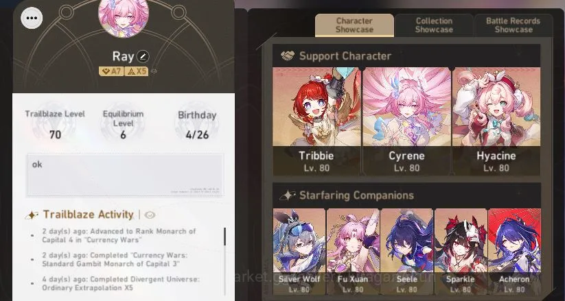 Asia|TL 70|12 Limited |Cyrene+Sign,Acheron+Sign,3B+Sign,Hyacine,ETC|1K SJ|MC Female|Amphoreus|Take Mail|Check SS(HSR4565) Honkai Star Rail Mid Game Asia|TL 70|12 Limited |Cyrene+Sign,Acheron+Sign,3B image 1