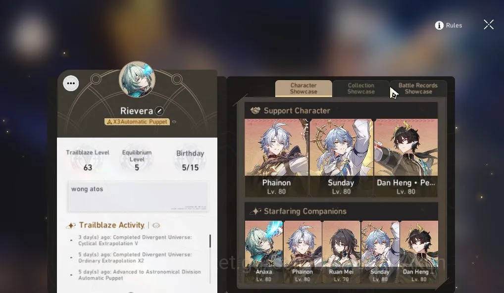 Honkai Star Rail Accounts Mid Game ASIA|TL 63| 6 Limited |Phainon+Sign,Dan Heng PT+Sign,Archer+Sign,Sunday,Anaxa,Rua Mei|MC 5