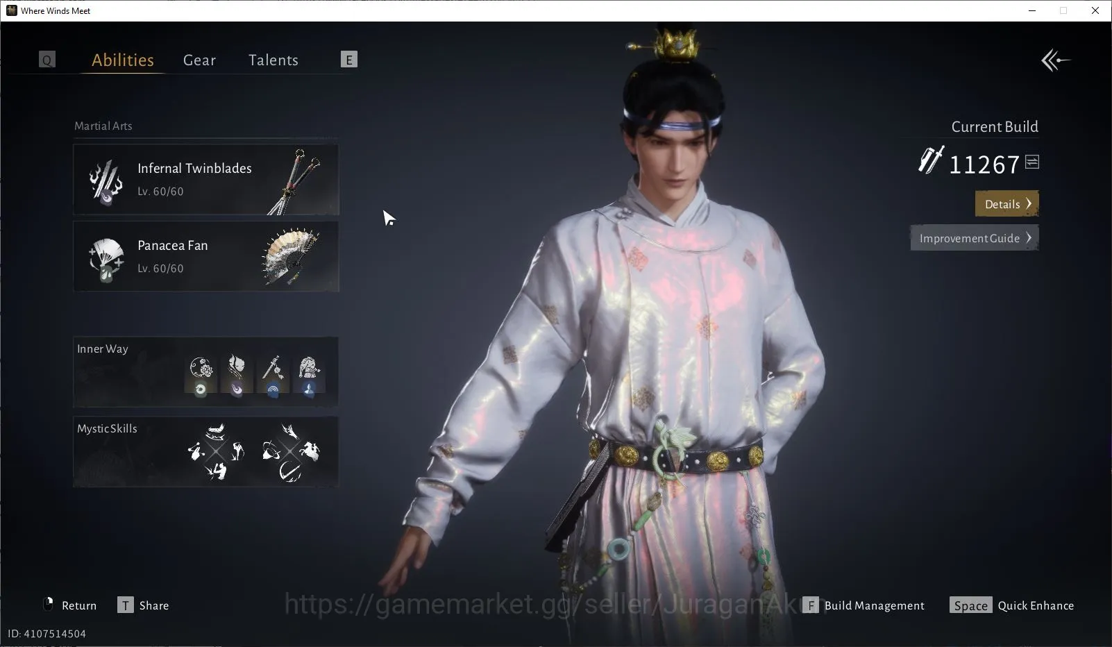 Where Winds Meet Accounts GLOBAL Lv60|GS 11267| Panance Fan + Infernal Twinblades + Strategic Sword|1k Jade|Male 2