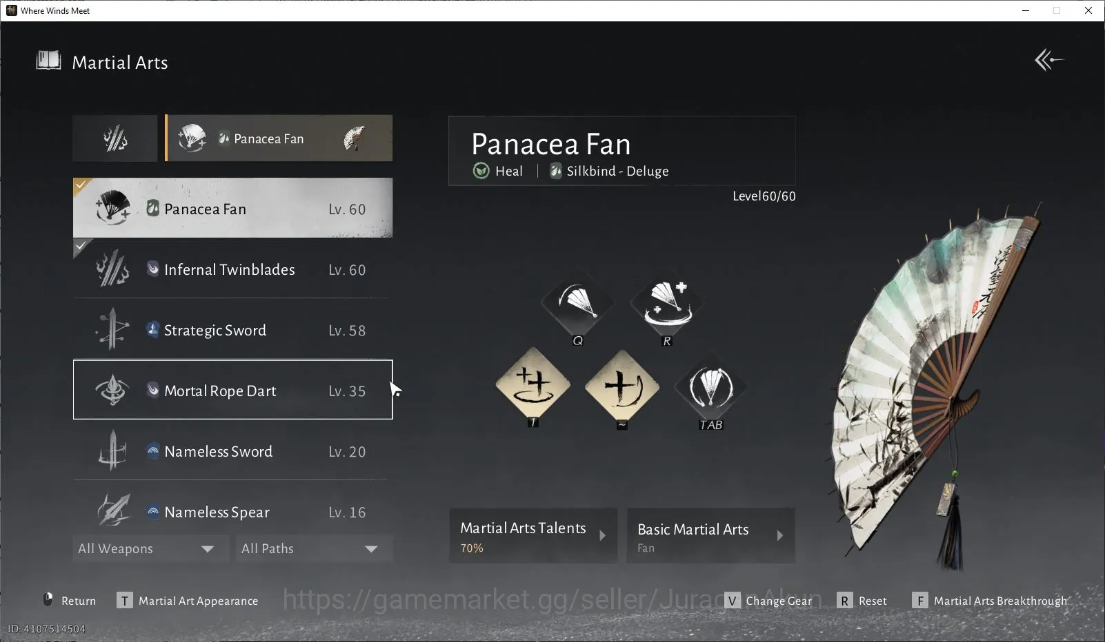 Where Winds Meet Accounts GLOBAL Lv60|GS 11267| Panance Fan + Infernal Twinblades + Strategic Sword|1k Jade|Male 5