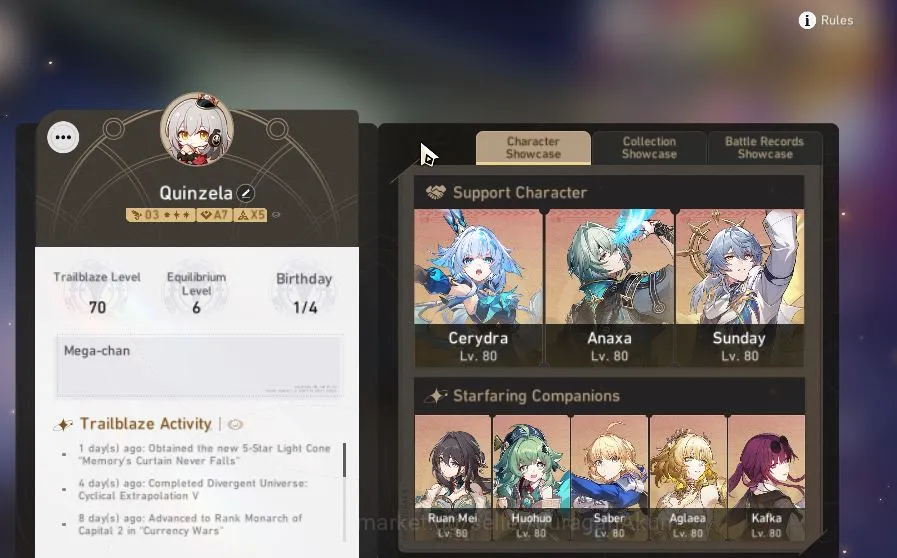Honkai Star Rail Accounts Mid Game ASIA|TL 70| 14 Limited |[Dante E1,Cerydra,JingLiu,Saber]+Sign,Acheron 2