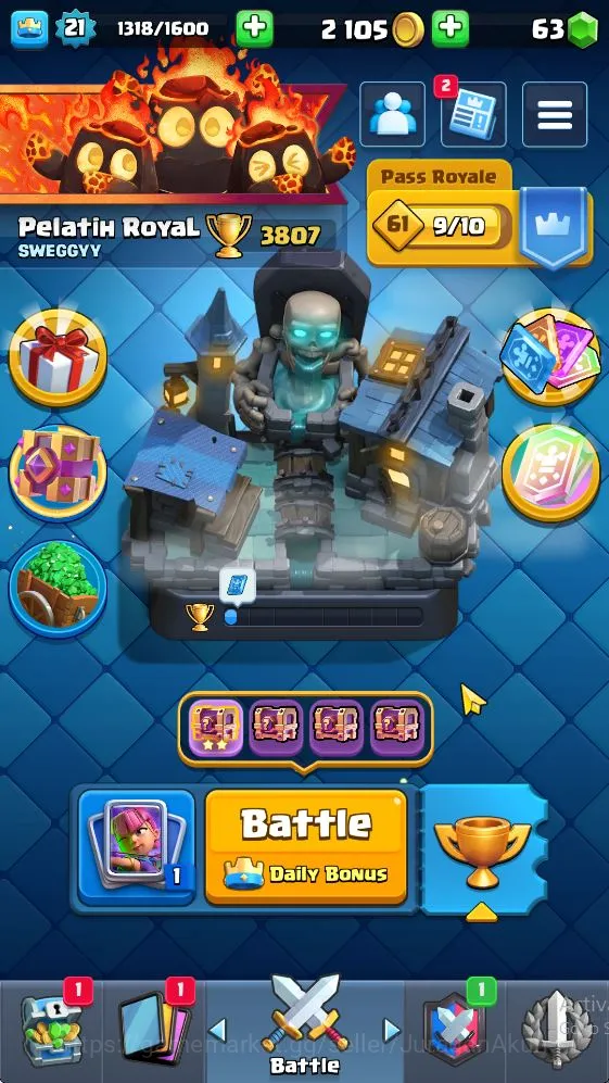 Lvl 21|Trophy 3807|KTL 8|Limited Skin Emote|Card 62|2 EVO,2 Legend,14 Epic,21 Rare,25 Common|TakeEmail(CR1072) Clash Royale Midgame Lvl 21|Trophy 3807|KTL 8|Limited Skin Emote|Card 6 image 1