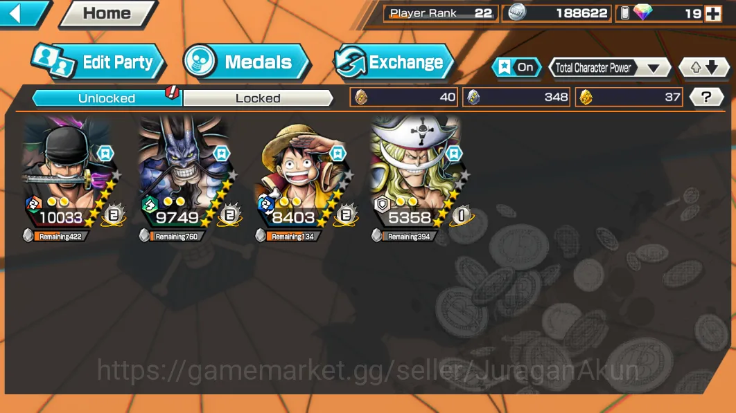 One Piece Bounty Rush Accounts Mid-Tier Global|4 META EX[Edward Newgate,Monket D luffy,Kaido,ETC]Rank 22|Log Bandai|Check 3