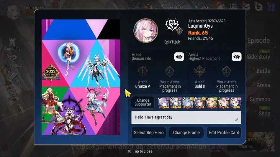 Asia Verif|27 ML(DB Senya,Belian,Har setti,Hellion Lua,etc)+Sol,Ram,Suna,aeGISELLE,Ainz|24,6K Energy|LogStove(ES3012) Epic Seven High-End Asia Verif|27 ML(DB Senya,Belian,Har setti,Hellion image 1