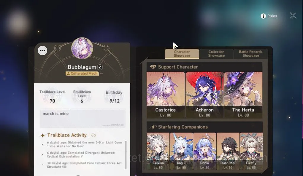 Honkai Star Rail Mid Game ASIA|TL70|11 Limit [Castorice+Sign,Fierfly+Sing,Ac image 1