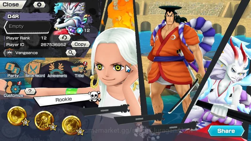 One Piece Bounty Rush Accounts Mid-Tier Global|3 META EX|Daimyo of Kuri Kozuki Oden,Okuchi Yamato,Seraphim Snake|Rank 12|Log 2