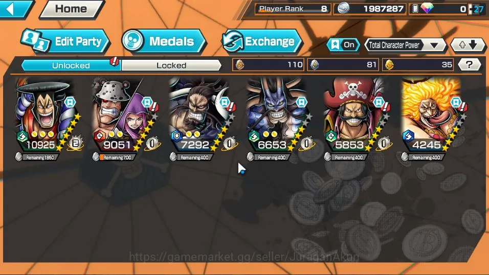 One Piece Bounty Rush Accounts Mid-Tier Global| 5 META EX | Daimyo of K Oden MAX,Strongest Kaido,Oni Kaido,KOP GD Roger,HP 4