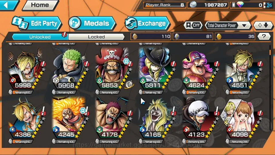 One Piece Bounty Rush Accounts Mid-Tier Global| 5 META EX | Daimyo of K Oden MAX,Strongest Kaido,Oni Kaido,KOP GD Roger,HP 6