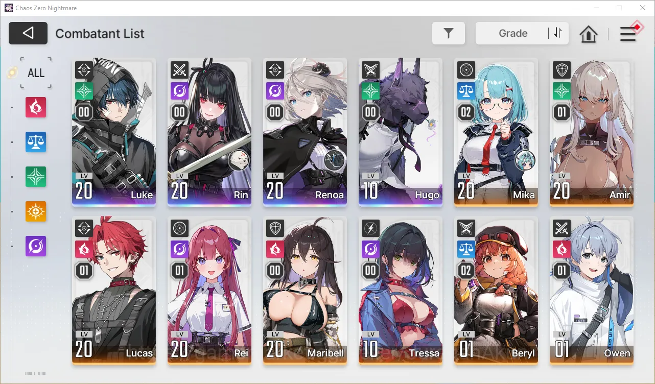 Chaos Zero Nightmare Accounts GLOBAL Lv13| 4 SSR (Hugo,Renoa,Rin,Luke) + 8 SR (MikaM2,BerylM2,etc) + 9 SR Partners | Log 3