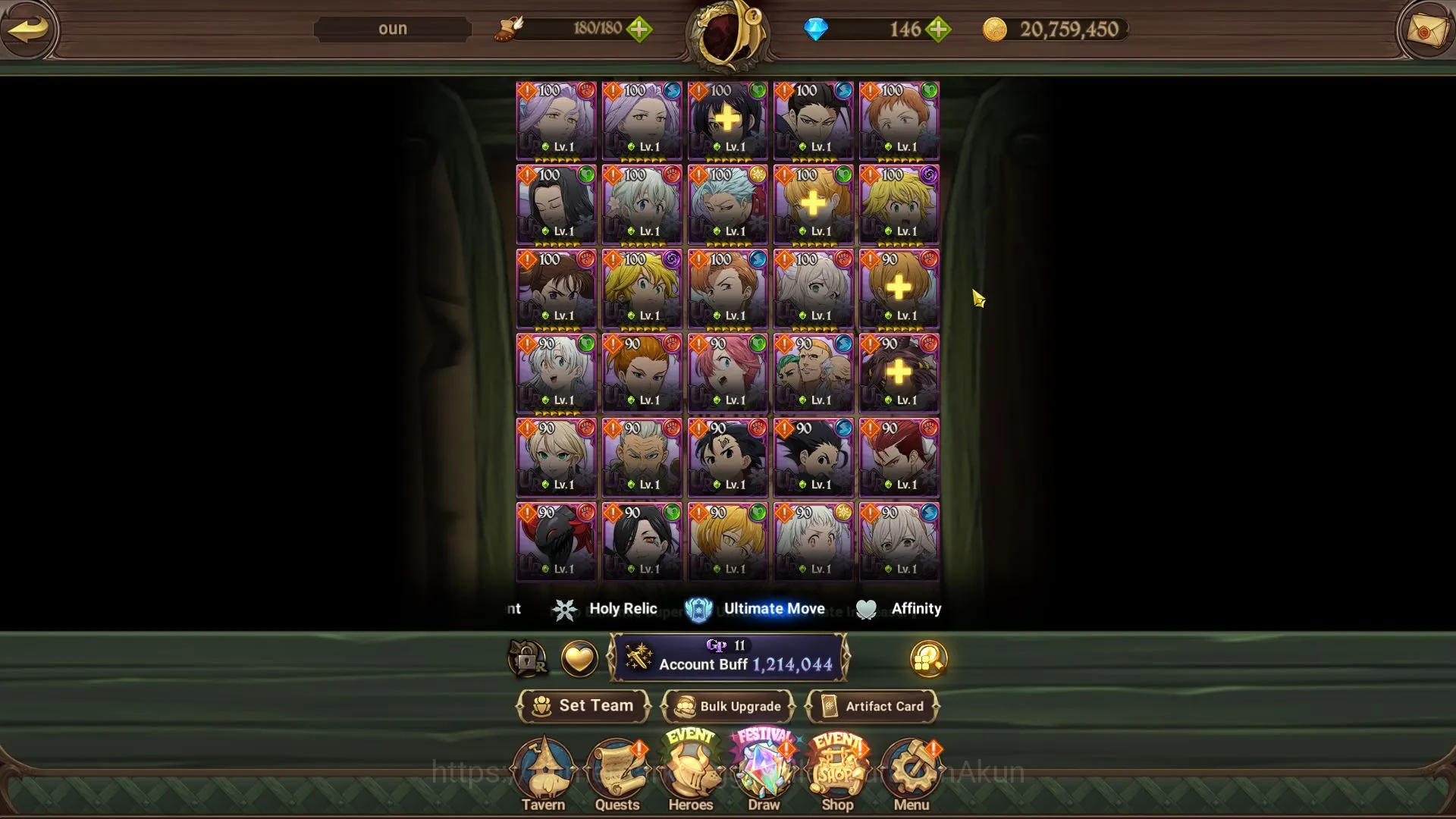 The Seven Deadly Sins: Grand Cross Accounts Midgame Global|Starter|1,2M CC|146 Gems|CH 4|5 UR|Merlin&Escanor 2/6,Oppressor 5