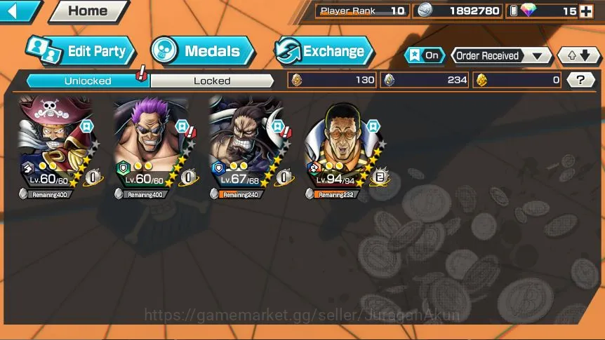 One Piece Bounty Rush Accounts Mid-Tier Global|4 META EX[Borsalino,Zephyr,Kaido,Roger]Rank 10|Log Bandai|Check SS(OPBR968) 4