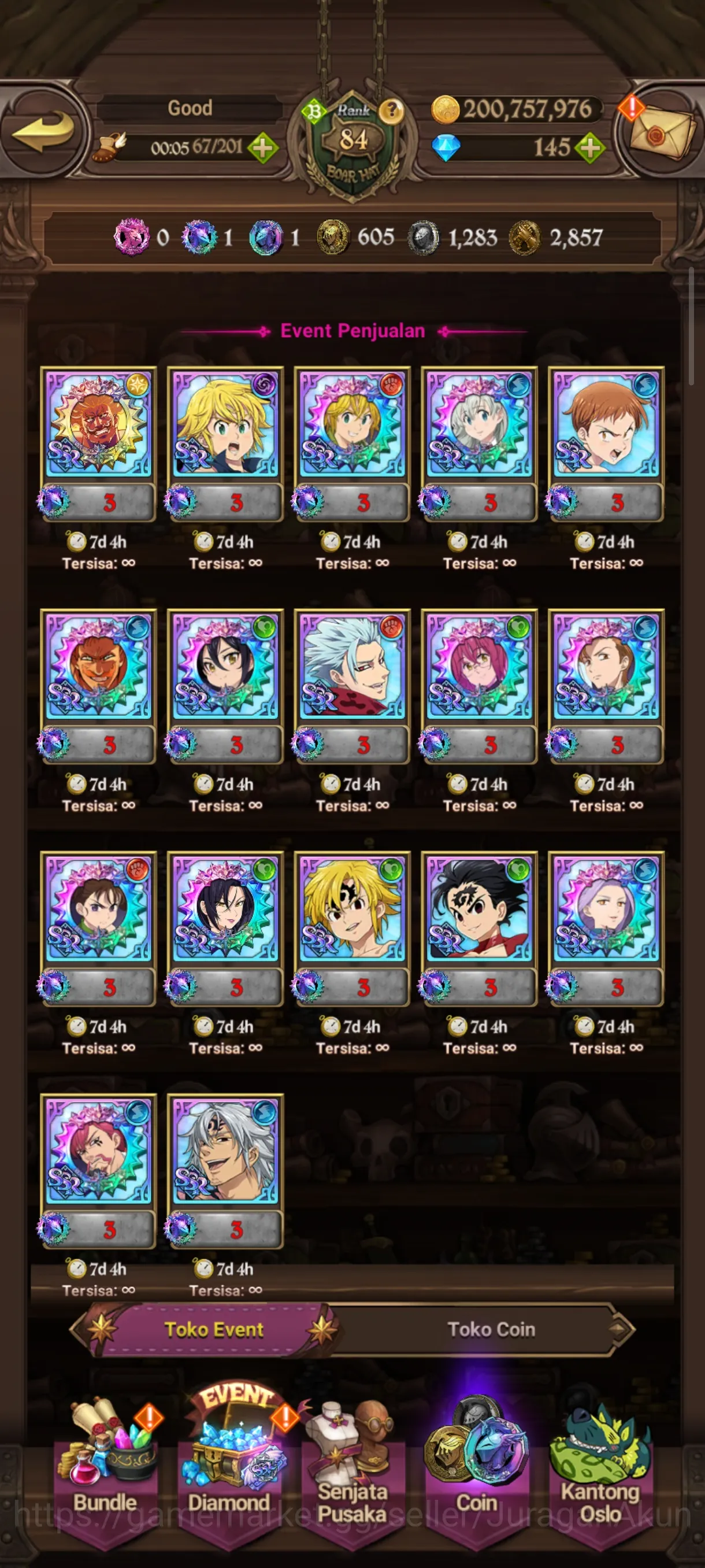 The Seven Deadly Sins: Grand Cross Accounts Endgame Global|4M CC|2LR + 6UR + Collab Solev (Ludociel, Eliza2/6, FateSkuld 4
