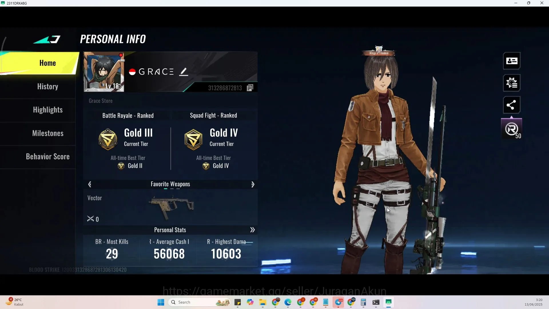 Asia|Fresh Account Collab AoT (Ran - Mikasa, M700 Thunder Gun, AK47 Hardening) + Change name On|Log Neteast| Check SS (BLS823) Blood Strike Starter Asia|Fresh Account Collab AoT (Ran - Mikasa, M700 image 1