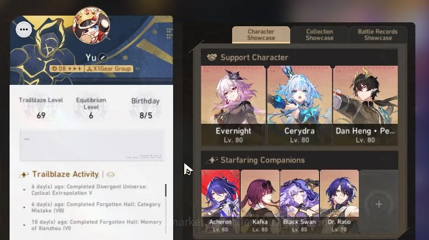 Honkai Star Rail Accounts Mid Game ASIA|TL 69|8 Limited|E1 Evernight+Sign,Dan HengPT,Cerydra,Kafka,Black 4