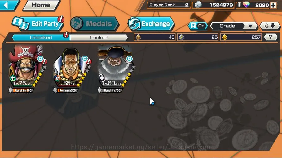 One Piece Bounty Rush Accounts Mid-Tier Global| 3 META EX|Gol DRoger,Borsalino,ST Jaygarcia|Rank 2|Log Bandai|Check 3