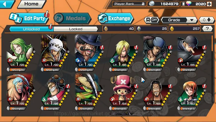 One Piece Bounty Rush Accounts Mid-Tier Global| 3 META EX|Gol DRoger,Borsalino,ST Jaygarcia|Rank 2|Log Bandai|Check 4