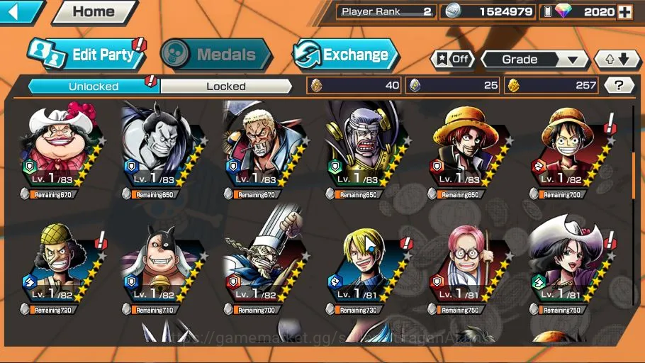 One Piece Bounty Rush Accounts Mid-Tier Global| 3 META EX|Gol DRoger,Borsalino,ST Jaygarcia|Rank 2|Log Bandai|Check 5