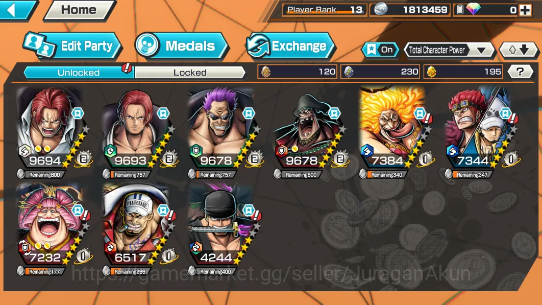 One Piece Bounty Rush Accounts High-End Global|9 META EX[Roronoa Zoro,SakaZuki,Marshall D Teech,Zephyr,Olin the 5