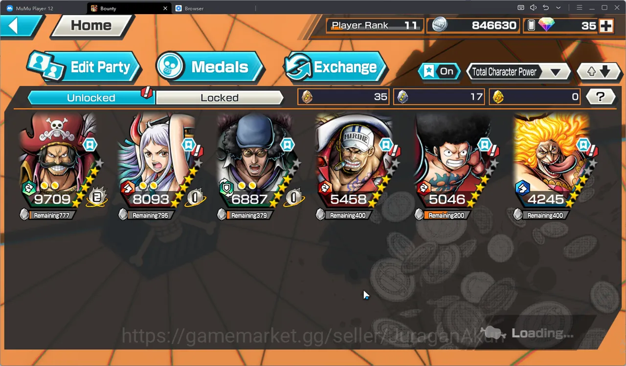 One Piece Bounty Rush Accounts Mid-Tier Player Rank 11|Meta 6 Extream(Roger Lv 80,Yamato Lv80,Kuzan Lv61,Akainu Lv60,Luffy 2