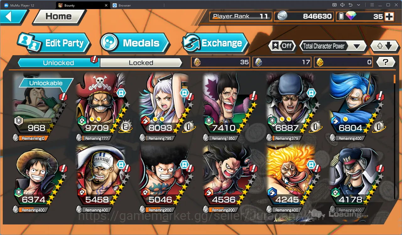 One Piece Bounty Rush Accounts Mid-Tier Player Rank 11|Meta 6 Extream(Roger Lv 80,Yamato Lv80,Kuzan Lv61,Akainu Lv60,Luffy 3