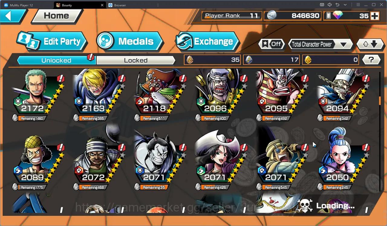 One Piece Bounty Rush Accounts Mid-Tier Player Rank 11|Meta 6 Extream(Roger Lv 80,Yamato Lv80,Kuzan Lv61,Akainu Lv60,Luffy 5