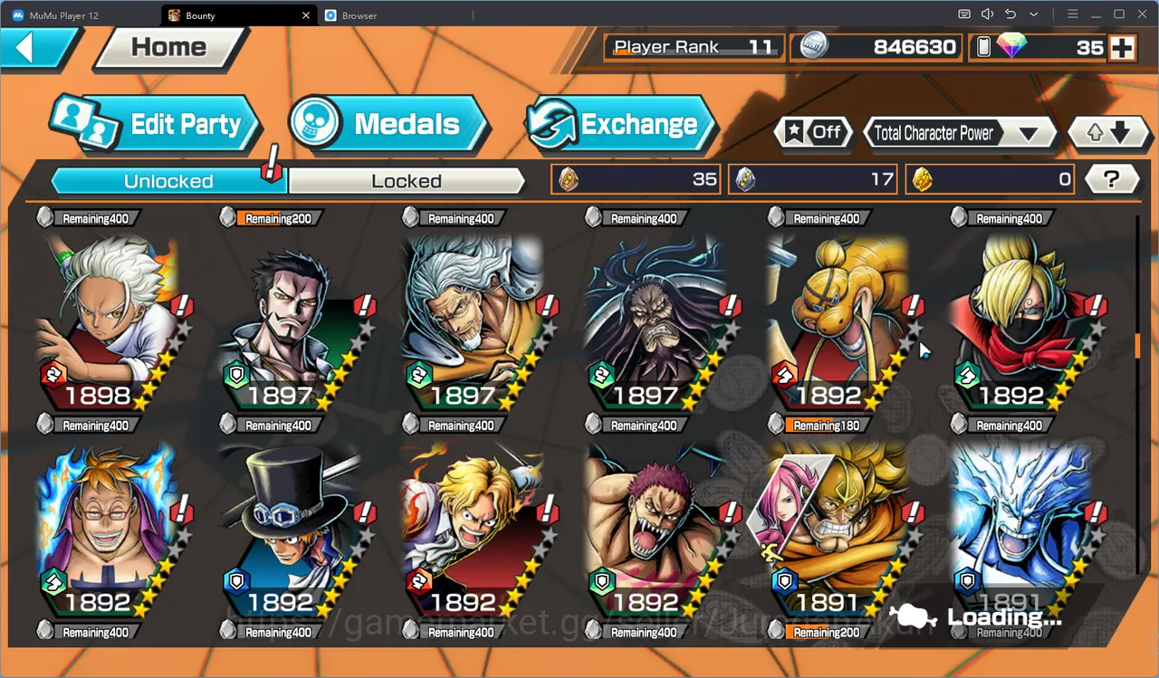 One Piece Bounty Rush Accounts Mid-Tier Player Rank 11|Meta 6 Extream(Roger Lv 80,Yamato Lv80,Kuzan Lv61,Akainu Lv60,Luffy