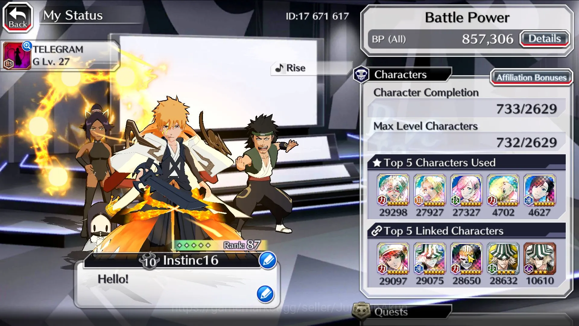 Bleach: Brave Souls Accounts High-End GLB BP 857K+|FreshStory+1,5K Orbs|10MAXTRASCEND(10thAniv Ichigo,TYBW25 6