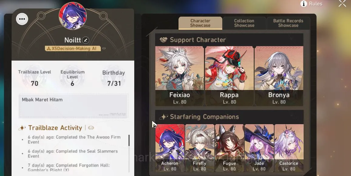 Honkai Star Rail Mid Game ASIA|TL70|9 Limited [Feixiao+Sign,Rappa+Sign,Acher image 1
